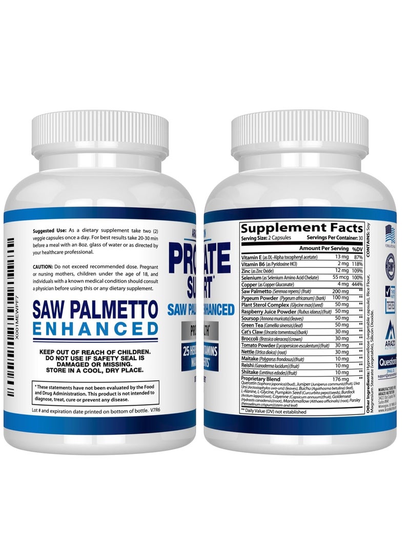 Arazo Nutrition Prostate Supplement Saw Palmetto + 25 Herbs Reduce Frequent Urination, Reduce Hair Loss, Support Stamina 60 Capsules 30 Servings - Image 2