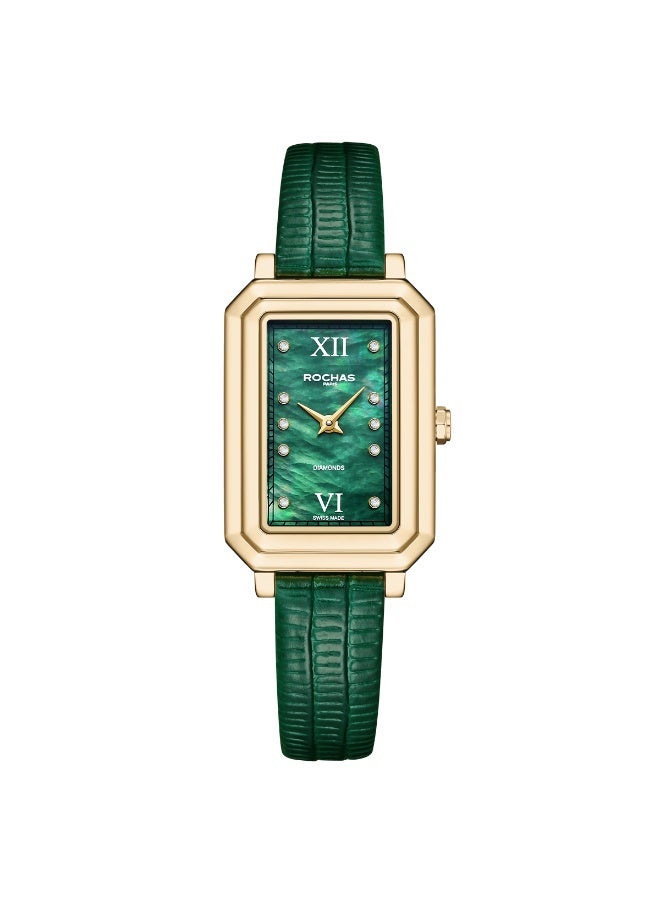 Rochas Ladies 22x32 mm Swiss Watch with Green Mother-of-Pearl Dial and Green Genuine Leather Strap + 8 pcs 1.0mm Diamonds on Dial - RWF226B