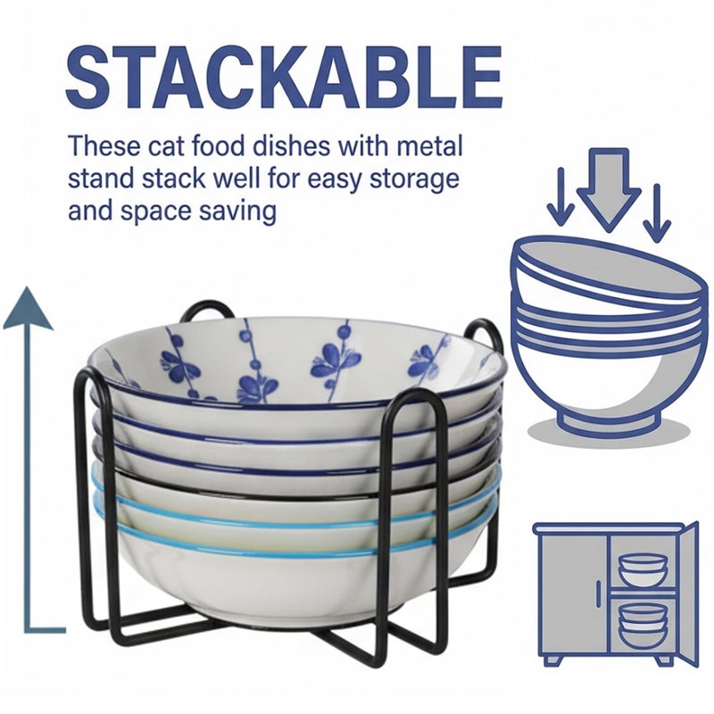 HAPPY KIT Ceramic Cat Food Bowls,6 Pack Colorful Cat Bowls Set with Metal Storage Stand,Anti-Slip Cats Dishes,Stackable Design,Kitten Plates for Wet and Dry Food Water (6bowls with Metal Holder) - Image 4
