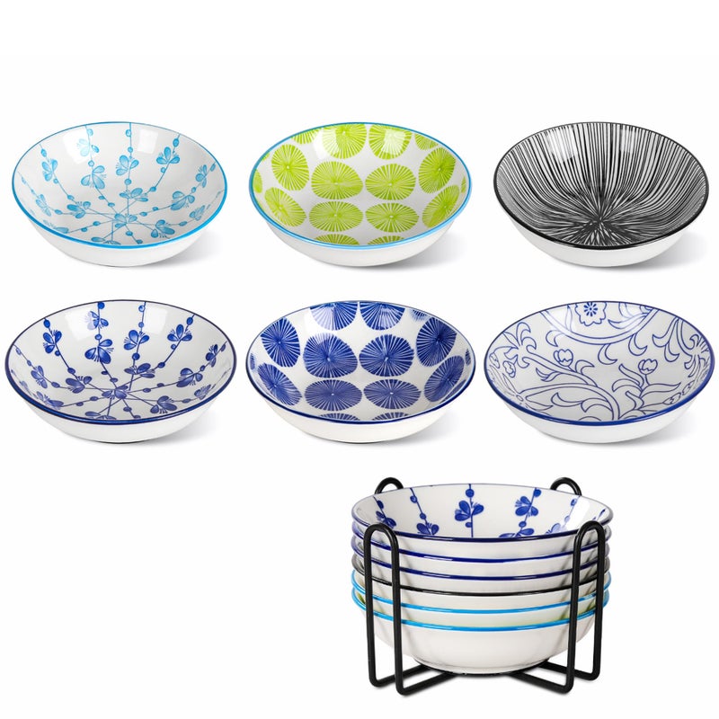 HAPPY KIT Ceramic Cat Food Bowls,6 Pack Colorful Cat Bowls Set with Metal Storage Stand,Anti-Slip Cats Dishes,Stackable Design,Kitten Plates for Wet and Dry Food Water (6bowls with Metal Holder) - Image 1