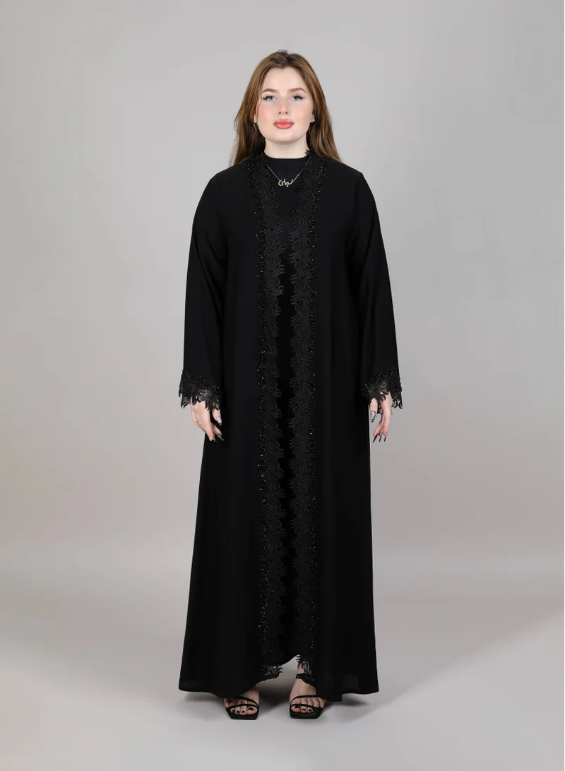أم سكوير فاشن MSquare Fashion Black Lace Open Abaya With Embroidered Abaya