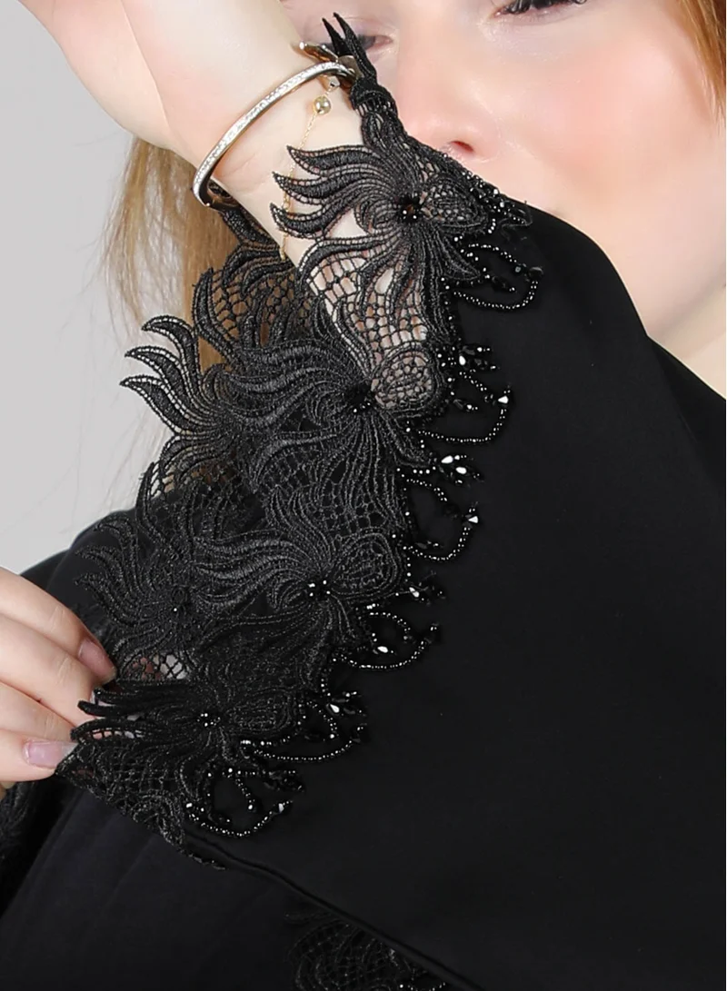 MSquare Fashion  MSquare Fashion Black Lace Open Abaya With Embroidered Abaya for Women | Best Price UAE