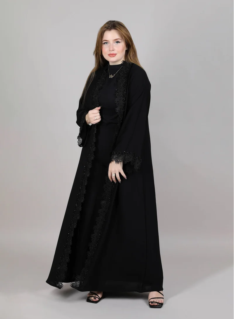 أم سكوير فاشن MSquare Fashion Black Lace Open Abaya With Embroidered Abaya