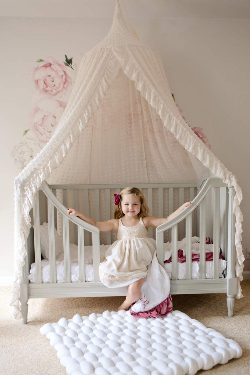 وندر سبيس Elegant Kids Bed Canopy - Lace Chiffon Netting with Pom Pom, Princess Girls Fairy Dream Tent, Nursery Room Baby Crib Hanging Curtain Mosquito Net Children Reading Nook Decoration (Beige) - Image 2