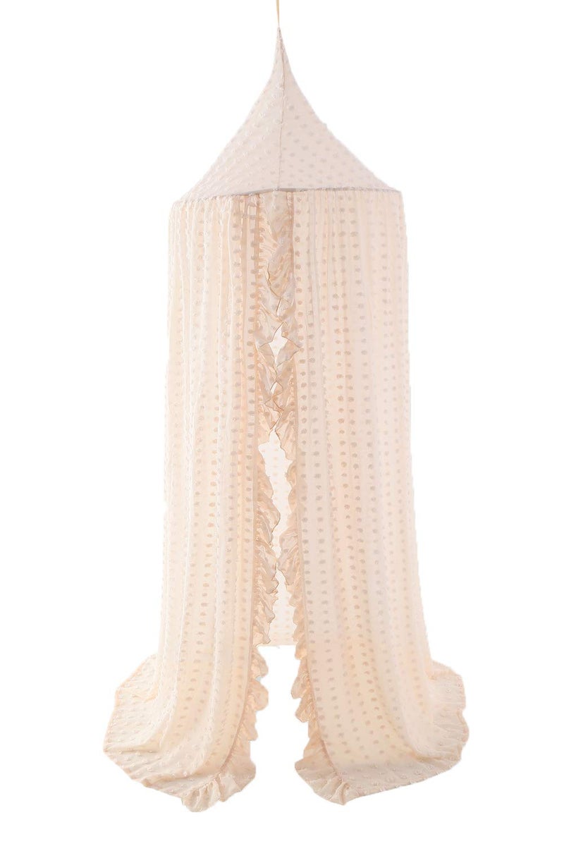 وندر سبيس Elegant Kids Bed Canopy - Lace Chiffon Netting with Pom Pom, Princess Girls Fairy Dream Tent, Nursery Room Baby Crib Hanging Curtain Mosquito Net Children Reading Nook Decoration (Beige) - Image 1