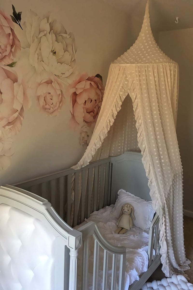 وندر سبيس Elegant Kids Bed Canopy - Lace Chiffon Netting with Pom Pom, Princess Girls Fairy Dream Tent, Nursery Room Baby Crib Hanging Curtain Mosquito Net Children Reading Nook Decoration (Beige) - Image 4