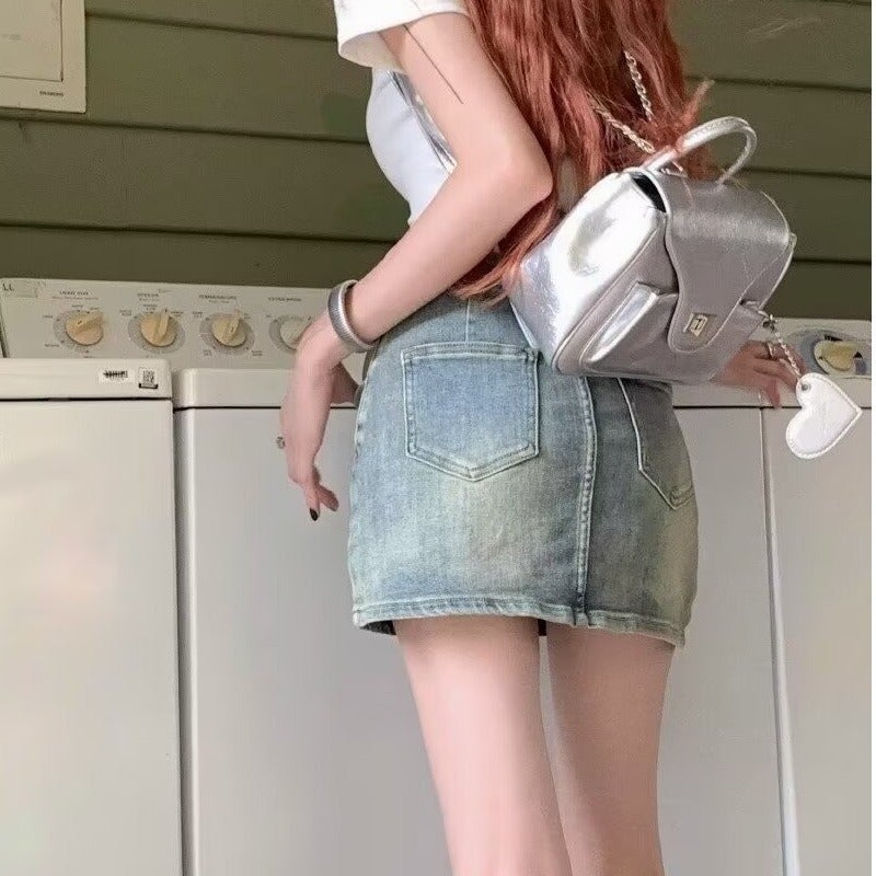 American Girl Washed Distressed Denim Skirt Women'S 2025 High Waist Slim A-Line Hip Short Skirt - Image 3
