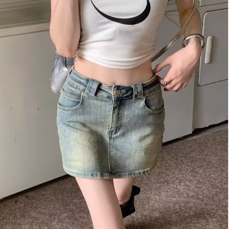 American Girl Washed Distressed Denim Skirt Women'S 2025 High Waist Slim A-Line Hip Short Skirt - Image 5