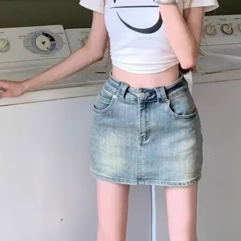 American Girl Washed Distressed Denim Skirt Women'S 2025 High Waist Slim A-Line Hip Short Skirt - Image 4