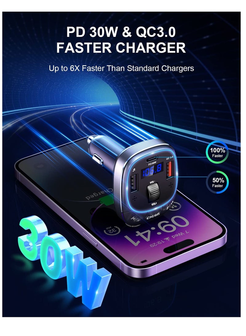محول بلوتوث للسيارة مع [ميكروفون مزدوج وتعزيز الصوت المنخفض]، شحن سريع Type-C PD 30W وQC 3.0، جهاز استقبال راديو FM ومشغل موسيقى/مجموعة السيارة، مكالمات دون استخدام اليدين - Image 2