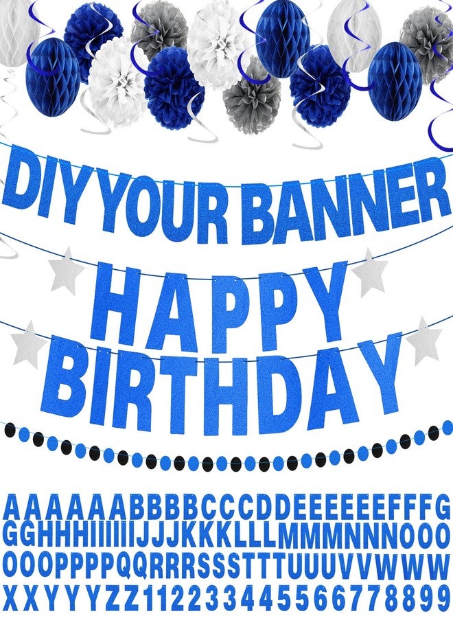 Suncalla 27 Pcs Custom Letter Banner DIY Banner Kit with 107 Letters and Numbers Glitter Birthday Decor Make Your Own Garland Streamer, Paper Pom Pom Flower, Hanging Swirl for Wedding Baby Shower(Blue White) - Image 1