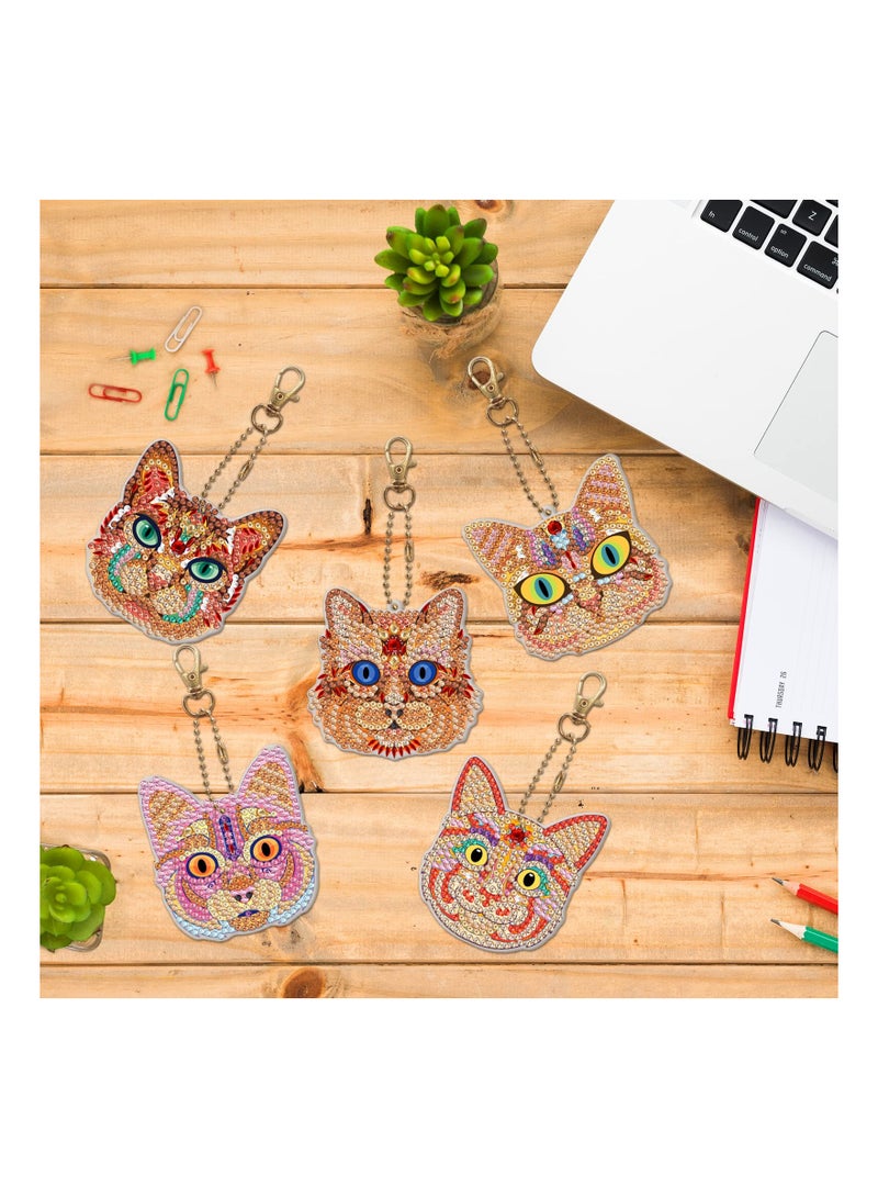 5 Pcs 5D Diamond Painting Keychain Cat Shaped Full Drill Art Kits Key Ring Mosaic Craft Pendant for Case Purse Phone Bag - Image 4