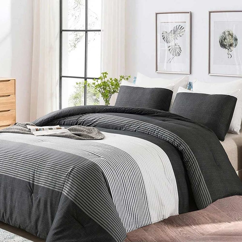 Faincy King Comforter Set Grey Black Patchwork Stripe Pattern Print Reversible Comforter Size 104x90 3PC Soft Microfiber Duvet Sets Masculine Modern Bedding in a Bag for Women Men Teen Gray