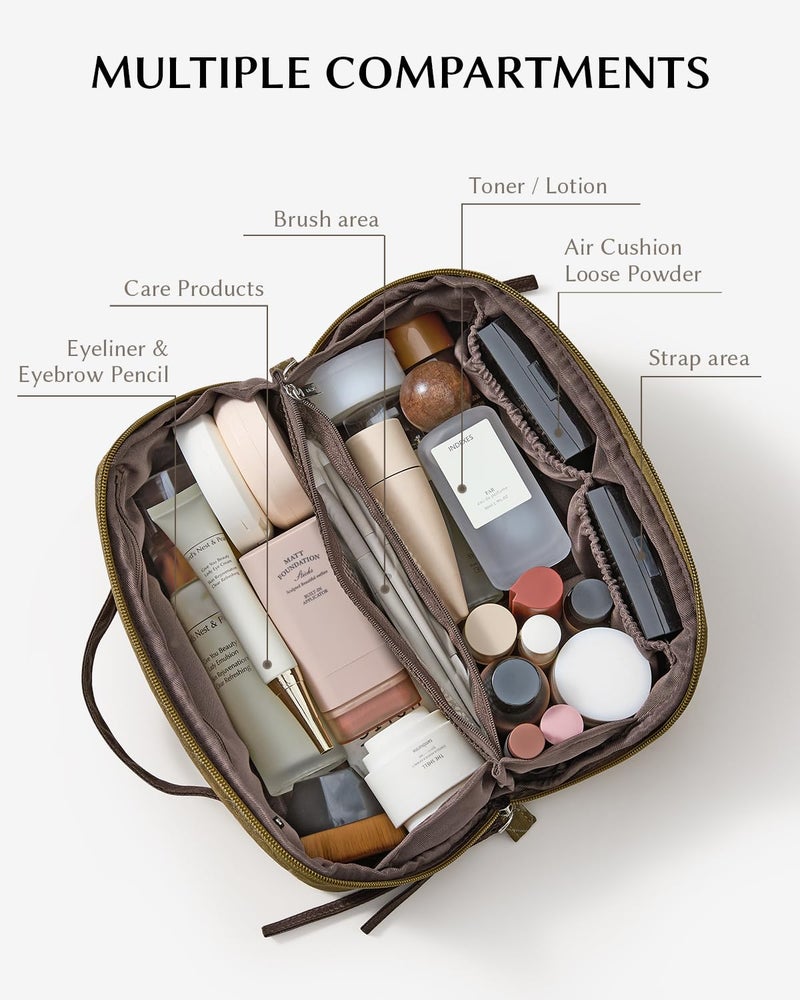 EACHY Travel Makeup Bag, Large Toiletry Bag for Women, Flat-Opening Organizer Pouch with Compartments - Image 2