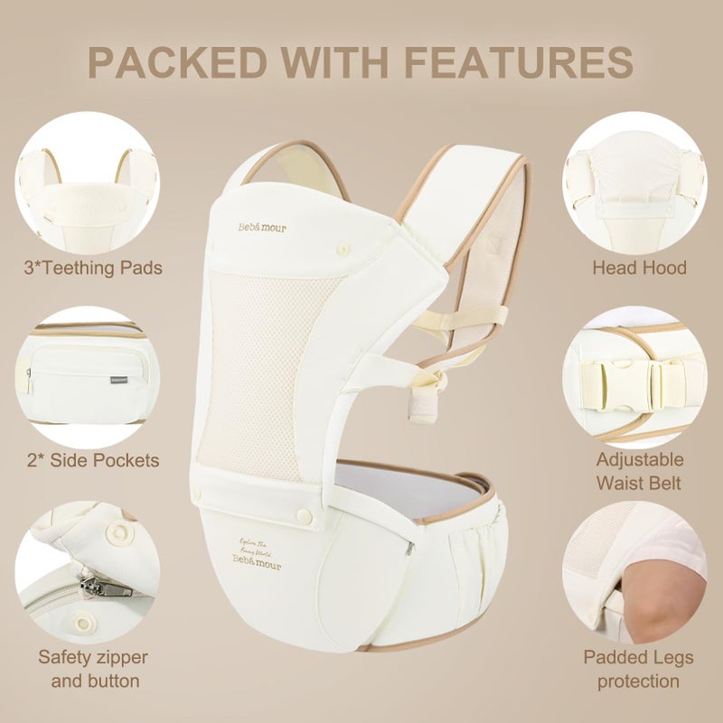 Bebamour حمالة أطفال Bebamour مع مقعد الورك، مقعد ورق قابل للتنفس لجميع الوضعيات وحمالة - Image 4