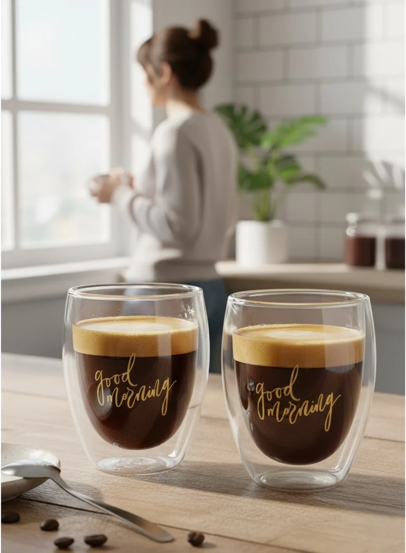 1Chase Double Wall Good Morning Printed Glass 350 ML Set of 2