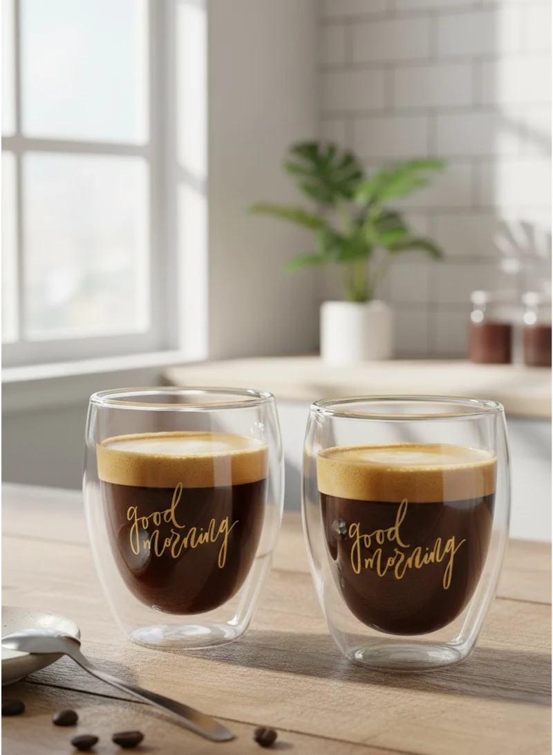 1Chase Double Wall Good Morning Printed Glass 350 ML Set of 2