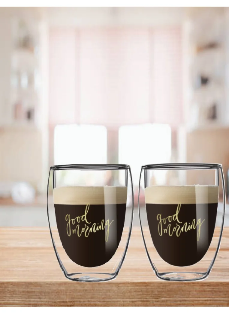 1Chase Double Wall Good Morning Printed Glass 350 ML Set of 2