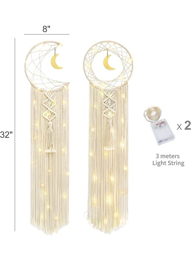 انتيكيانو طقم صائد أحلام مكرمية يدوي مع إضاءة LED – 2 قطعة بتصميم بوهيمي لتزيين الحائط وغرف النوم - Image 3