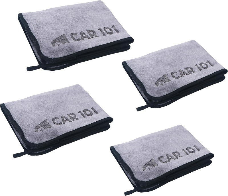 CAR101 قطعة قماش من الألياف الدقيقة - 4 قطع - 75x35 سم - 500 جرام لكل متر مربع - رمادي | متعددة الاستخدامات | خالية من الوبر | نعومة فائقة وامتصاص عالي | مناشف من الألياف الدقيقة لتنظيف السيارات والدراجات والمنزل - Image 1
