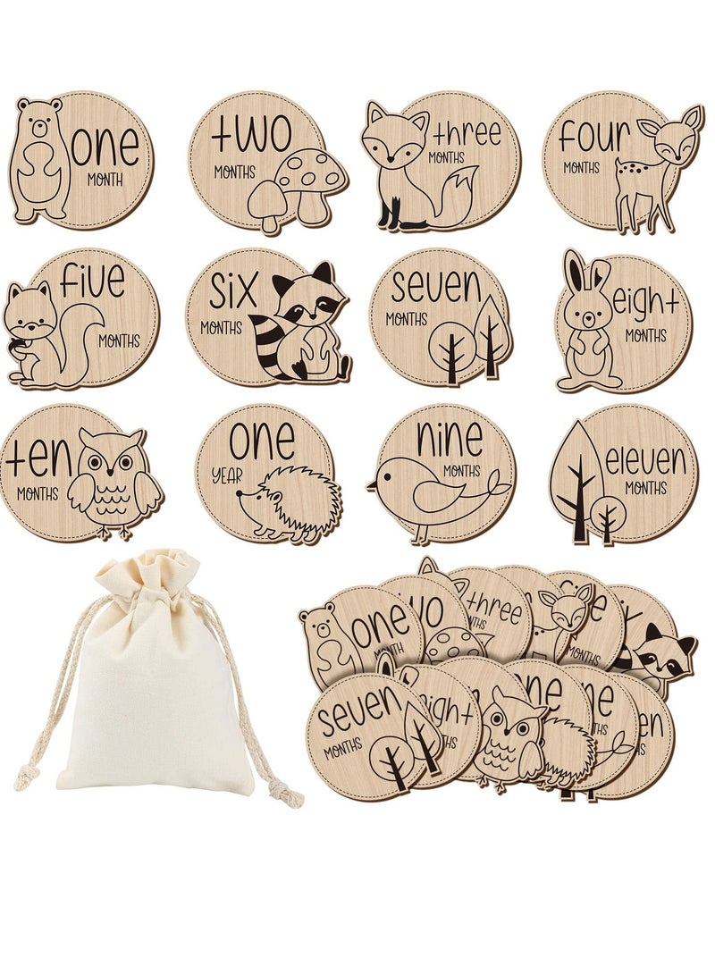 SYOSI Baby Monthly Milestone 12 Pcs Wooden Baby Milestone Cards with Linen Bag Wooden Newborn Welcome Discs Sign Round New Baby Sign Sided Cute Animal Printed Baby Announcement Cards for Boys Girls - Image 1