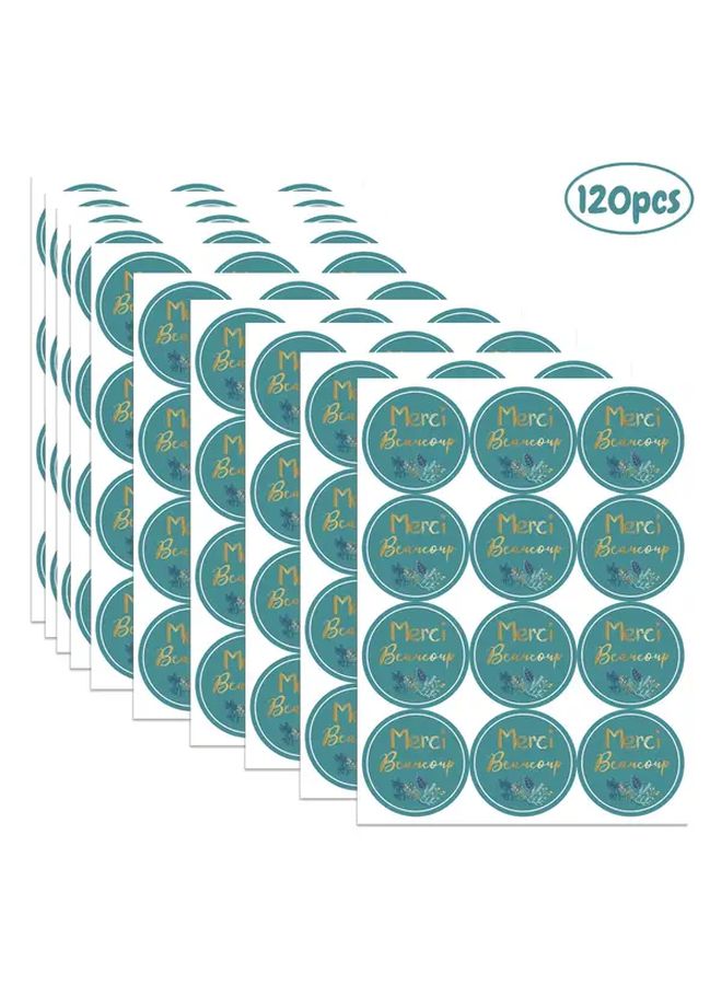 120pcs Merci Beaucoup Thank You Stickers Round French Appreciation Labels with Elegant Golden Lettering and Teal Floral Design Premium Paper Gift Tags for Gift Wrapping Takeout Containers Commercial Use Mixed Color Design - Image 1