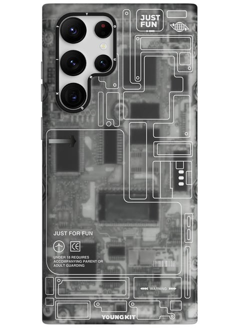 Futuristic Technology Circuit Designed for Samsung Galaxy S23 Ultra case (2023) Full Protection, Military Shockproof, Soft Bumper - Black/Grey