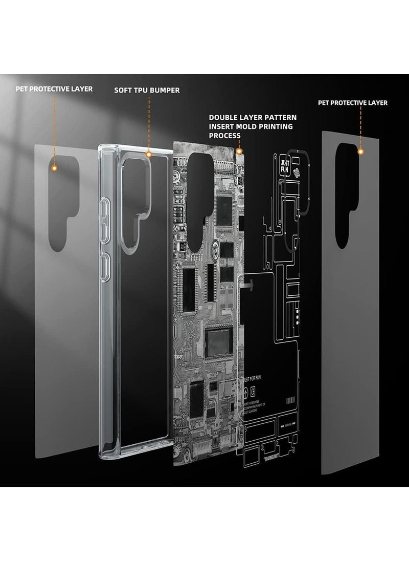 Futuristic Technology Circuit Designed for Samsung Galaxy S23 Ultra case (2023) Full Protection, Military Shockproof, Soft Bumper - Black/Grey