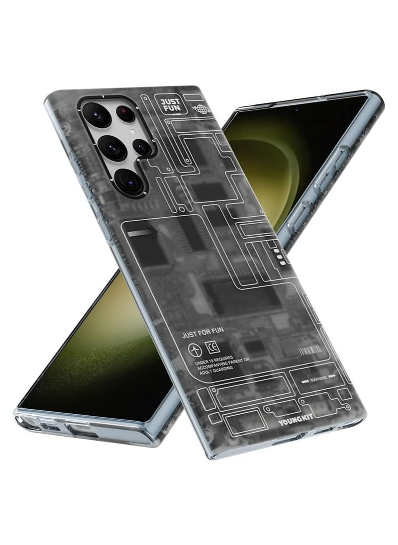 Futuristic Technology Circuit Designed for Samsung Galaxy S23 Ultra case (2023) Full Protection, Military Shockproof, Soft Bumper - Black/Grey