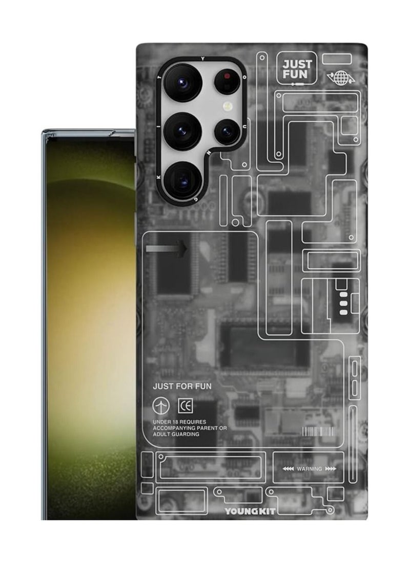 Futuristic Technology Circuit Designed for Samsung Galaxy S23 Ultra case (2023) Full Protection, Military Shockproof, Soft Bumper - Black/Grey