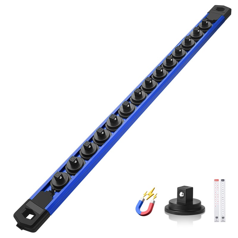 Reniteco Magnetic Socket Organizer 14 Drive Aluminum Alloy Socket Rail Heavy Duty Magnetic Socket Holder with 14PC 360 Swivel Removable Clips Magnetic Socket Rack for Tool Box Drawer Blue - Image 3
