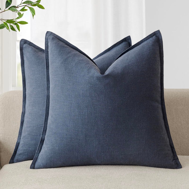 Foindtower Pack of 2 Decorative Linen Soild Throw Pillow Covers Soft Accent Square Cushion Case Boho Farmhouse Pillowcase for Chair Couch Sofa Bedroom Living Room Home Decor 26 x 26 Inch Navy Blue