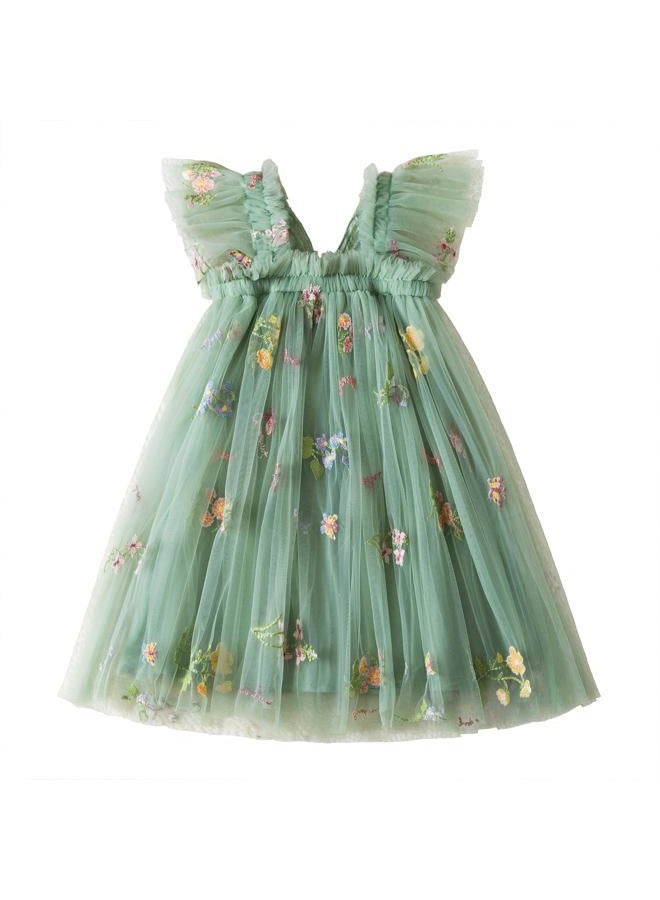 Nileafes Toddler Girl Flower Butterfly Embroidery Tutu Dress Casual Tulle Princess Birthday Dresses Size 80 (6-12 Months, 109-Green) - Image 4