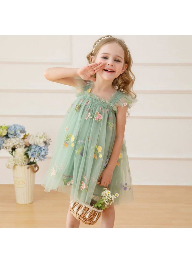 Nileafes Toddler Girl Flower Butterfly Embroidery Tutu Dress Casual Tulle Princess Birthday Dresses Size 80 (6-12 Months, 109-Green) - Image 3