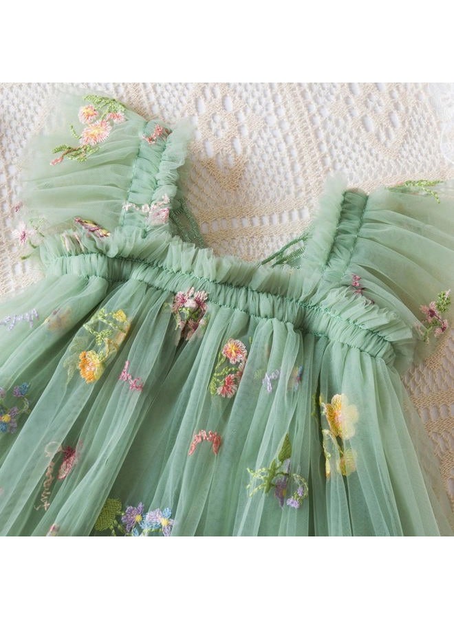 Nileafes Toddler Girl Flower Butterfly Embroidery Tutu Dress Casual Tulle Princess Birthday Dresses Size 80 (6-12 Months, 109-Green) - Image 2