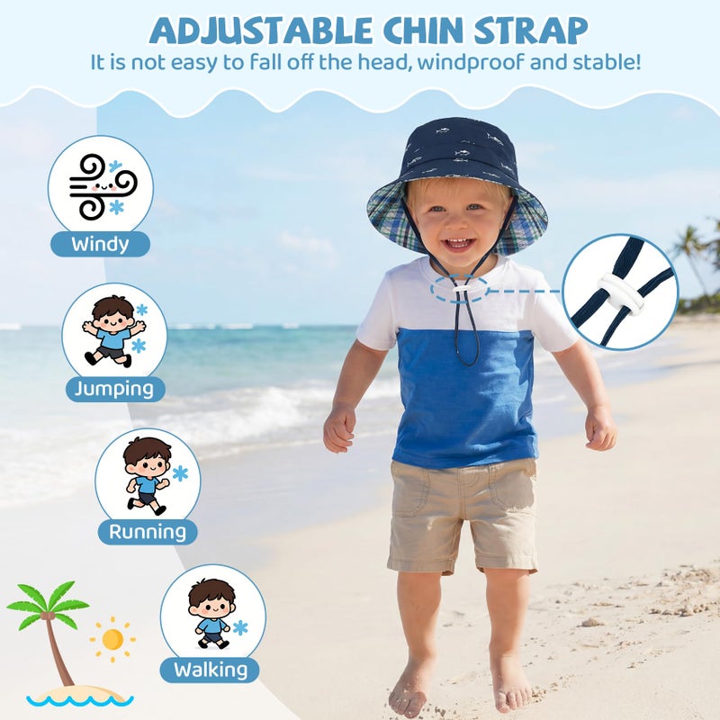 Durio Toddler Sun Hat - UPF 50+ Infant Newborn Summer Bucket Hats for Boy Girl, Wide Brim Baby Sun Hat for Beach Outdoor Play, Navy Fish 12-24 Months - Image 3