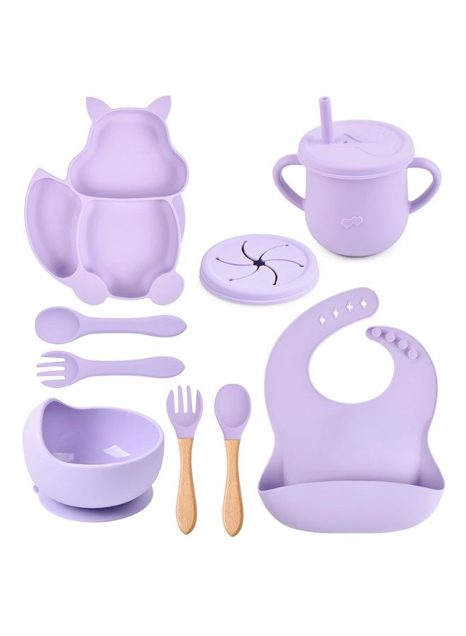 8 Pcs Baby Feeding Set, Food-grade Silicone Baby Tableware Set, Squirrel Baby Cutlery and Plates Set, Non-Slip Infant Dinnerware Set, Baby Self Feeding Utensils