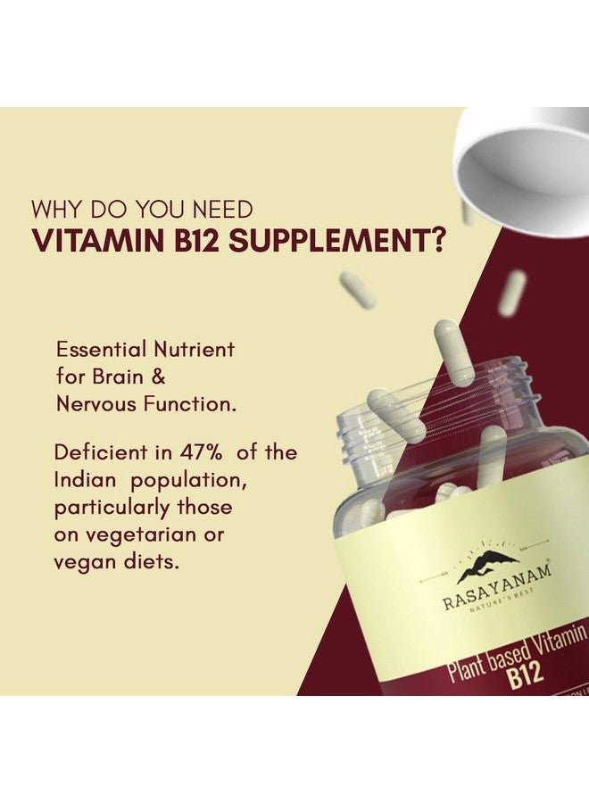 Rasayanam Plant Based Vitamin B12 Supplement For Men & Women | Organic Formulation For Vegetarians & Vegans To Support Nervous System & Brain Function - 120 Veg. Capsules - Image 2
