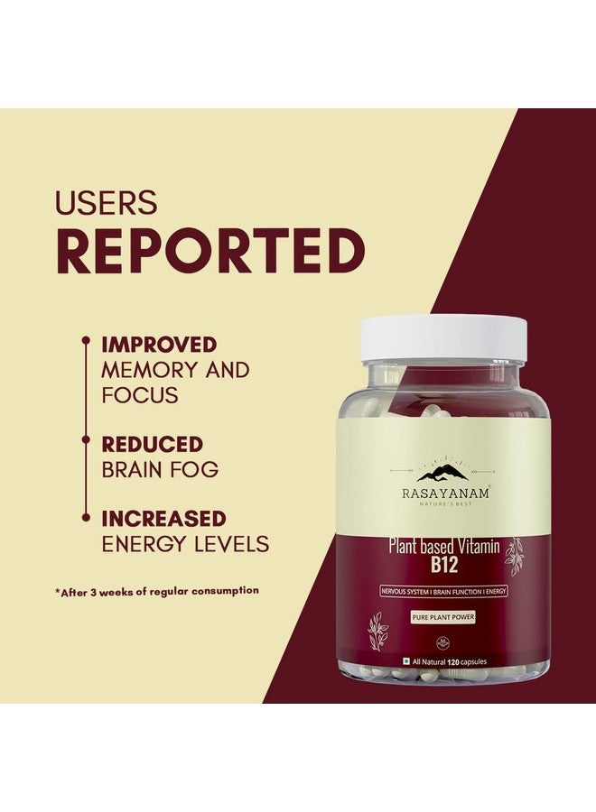 Rasayanam Plant Based Vitamin B12 Supplement For Men & Women | Organic Formulation For Vegetarians & Vegans To Support Nervous System & Brain Function - 120 Veg. Capsules - Image 3