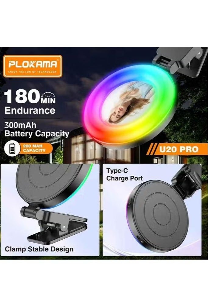 PLOKAMA U20 PRO Ring Selfie Mirror Mini RGB Clip LED Fill Light – Portable Video Lighting with Tripod Clamp for Mobile Phone & Camera (Black) - Image 2