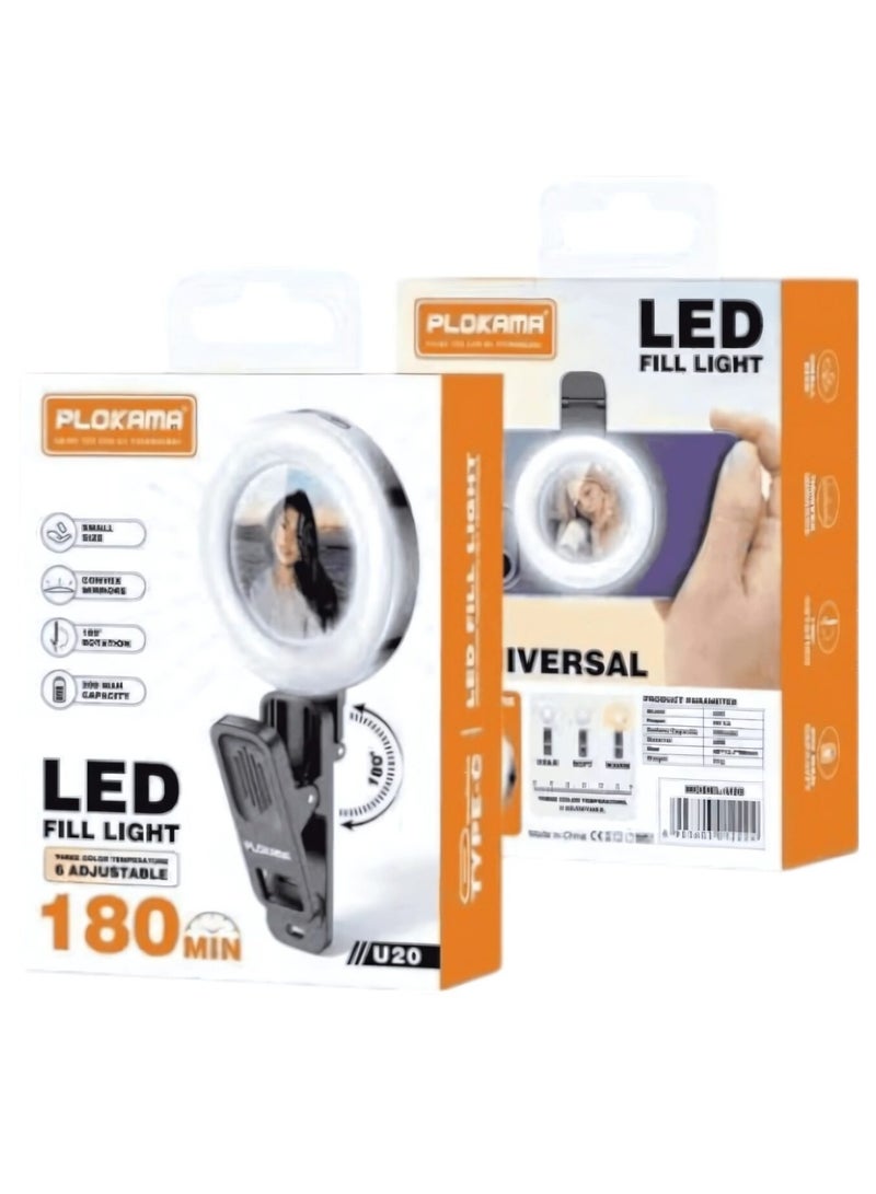 PLOKAMA U20 PRO Ring Selfie Mirror Mini RGB Clip LED Fill Light – Portable Video Lighting with Tripod Clamp for Mobile Phone & Camera (Black) - Image 1