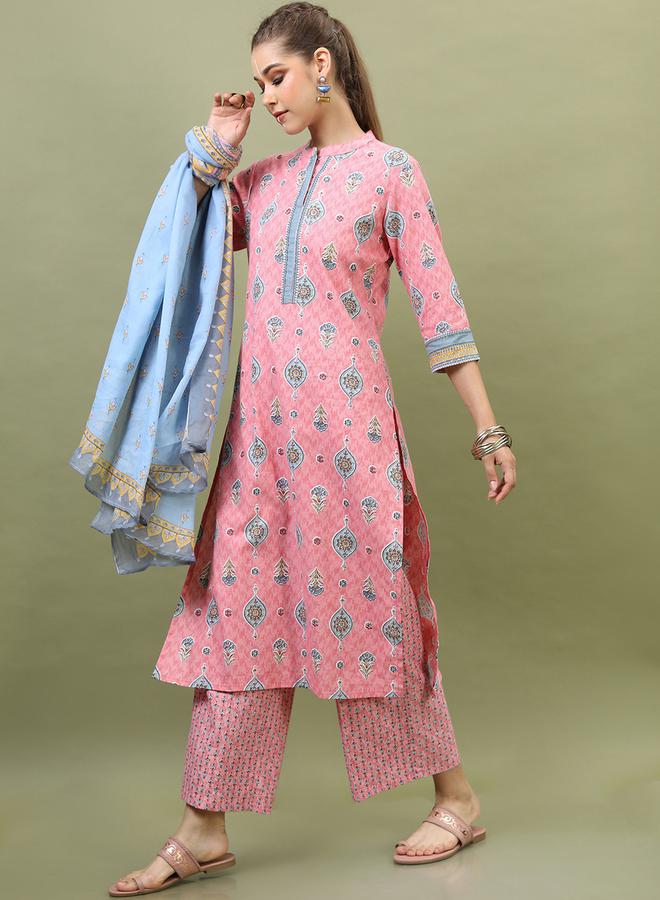 فيشود طقم كورتا وردي مطبوع قطن نسائي مع دوباتا - Image 5