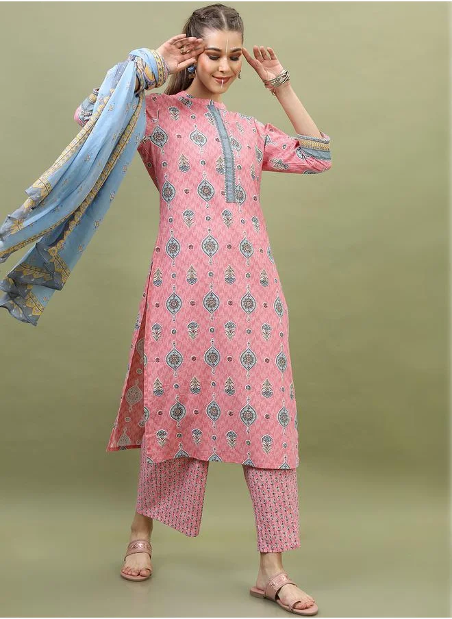 Vishudh Women Pink Printed Cotton Kurta Set with Dupatta by Styli