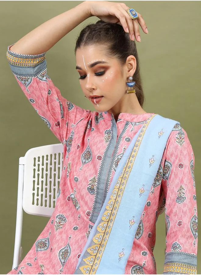 Vishudh Women Pink Printed Cotton Kurta Set with Dupatta by Styli