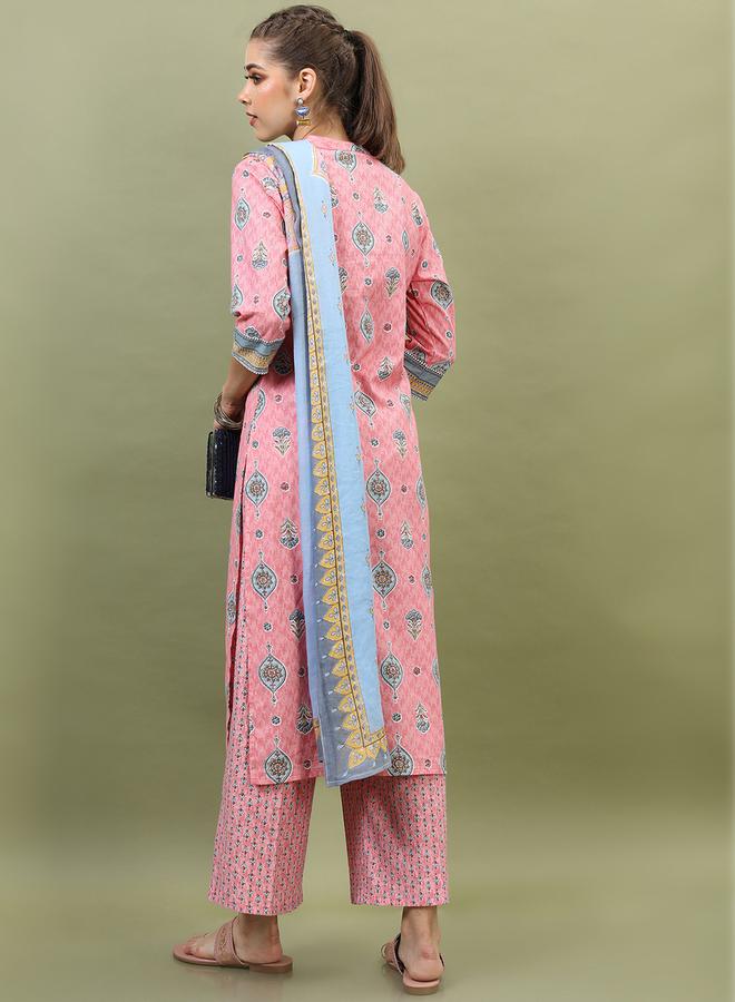 فيشود طقم كورتا وردي مطبوع قطن نسائي مع دوباتا - Image 3