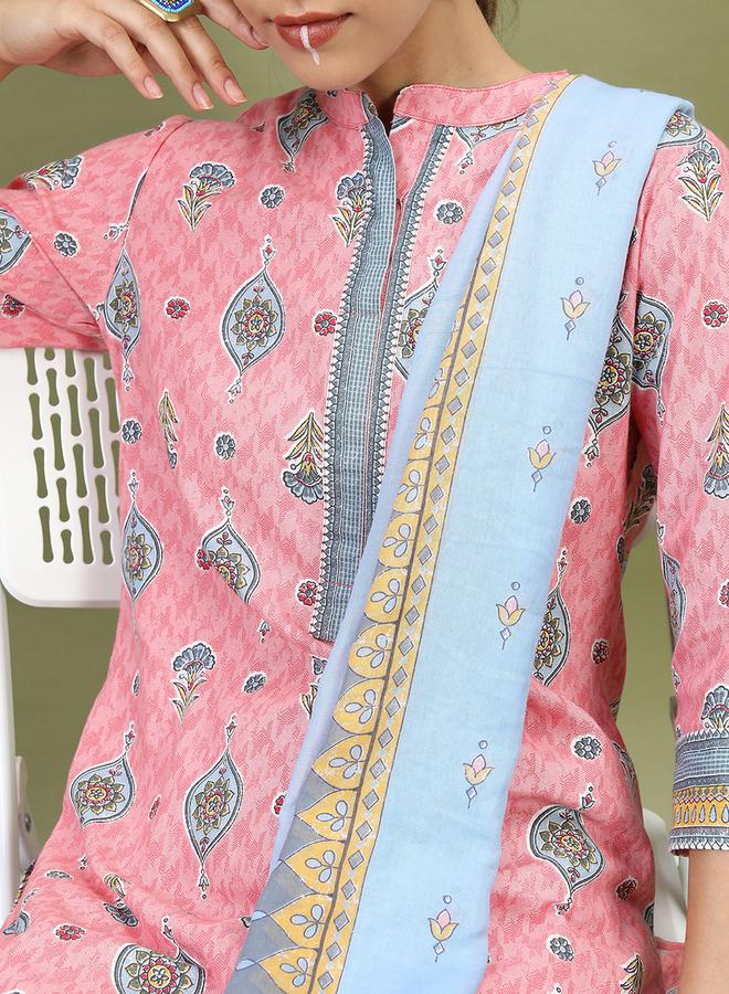 فيشود طقم كورتا وردي مطبوع قطن نسائي مع دوباتا - Image 4