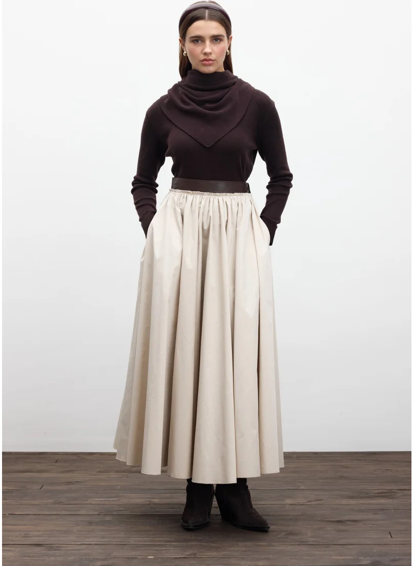 مانوكا Leather Detailed Wide Skirt Stone