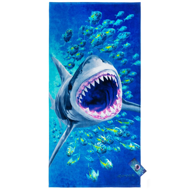 Extreme Shark Beach Towel 30 x 60 inch 100 Cotton Design by Royce Great White Shark Attack
