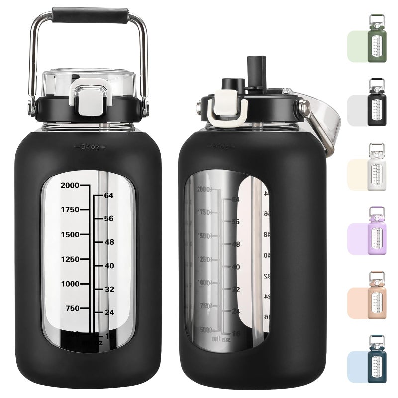 MUKOKO 84oz Glass Water Bottle with Time Marker and Silicone Sleeve 2.5L Water Jug with Stainless Steel Handle Gallon Drinking Bottle with 2-in-1 Lid Wide Mouth BPA Free, Black - Image 1