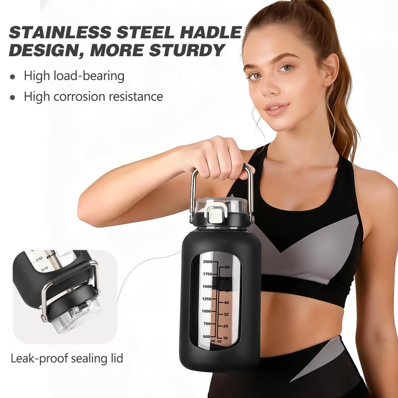MUKOKO 84oz Glass Water Bottle with Time Marker and Silicone Sleeve 2.5L Water Jug with Stainless Steel Handle Gallon Drinking Bottle with 2-in-1 Lid Wide Mouth BPA Free, Black - Image 4